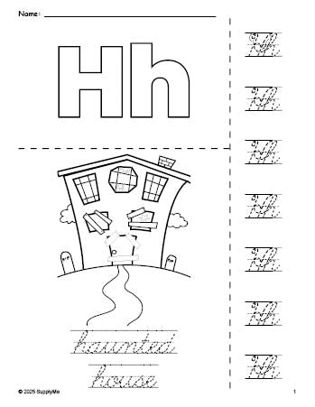 Free printable haunted house Halloween coloring page and cursive letter tracing worksheet, letter h worksheet for preschool, pre-k, and kindergarten, PDF