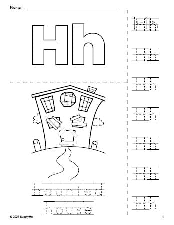 Free printable haunted house Halloween coloring page and letter tracing worksheet, letter h worksheet for preschool, pre-k, and kindergarten, PDF