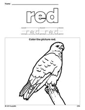 Free hawk color red coloring page and color worksheet, red worksheet for preschoolers to learn colors, printable PDF