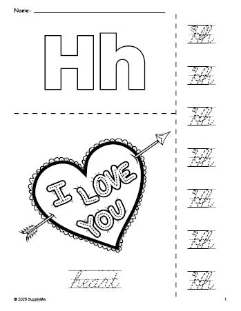 Free printable heart Valentine's Day coloring page and cursive letter tracing worksheet, letter h worksheet for preschool, pre-k, and kindergarten, PDF