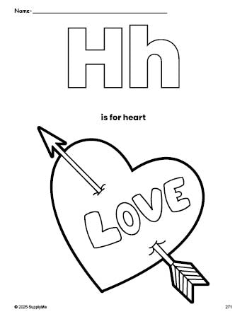Free printable heart Valentine's Day coloring page, letter h coloring page for preschool, pre-k, and kindergarten, PDF