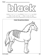 Free horse color black coloring page and color worksheet, black worksheet for preschoolers to learn colors, printable PDF