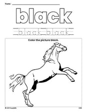 Free horse color black coloring page and color worksheet, black worksheet for preschoolers to learn colors, printable PDF