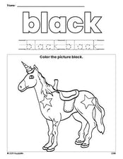Free horse color black coloring page and color worksheet, black worksheet for preschoolers to learn colors, printable PDF