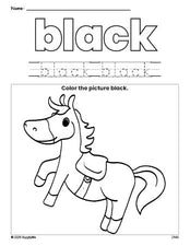 Free horse color black coloring page and color worksheet, black worksheet for preschoolers to learn colors, printable PDF
