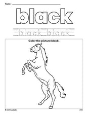 Free horse color black coloring page and color worksheet, black worksheet for preschoolers to learn colors, printable PDF