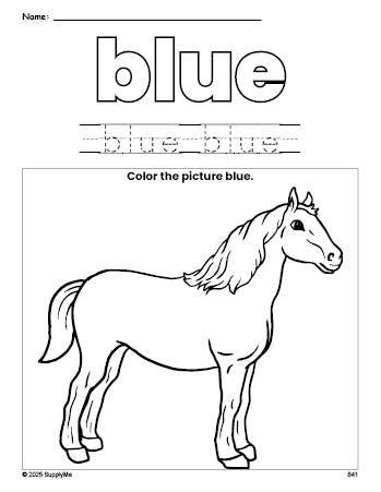Free horse color blue coloring page and color worksheet, blue worksheet for preschoolers to learn colors, printable PDF