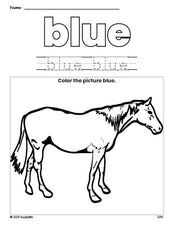 Free horse color blue coloring page and color worksheet, blue worksheet for preschoolers to learn colors, printable PDF