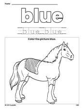 Free horse color blue coloring page and color worksheet, blue worksheet for preschoolers to learn colors, printable PDF