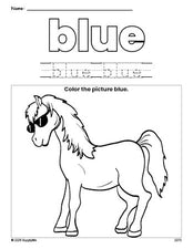 Free horse color blue coloring page and color worksheet, blue worksheet for preschoolers to learn colors, printable PDF