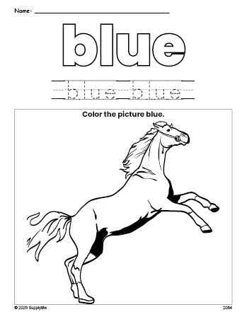 Free horse color blue coloring page and color worksheet, blue worksheet for preschoolers to learn colors, printable PDF