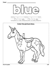 Free horse color blue coloring page and color worksheet, blue worksheet for preschoolers to learn colors, printable PDF