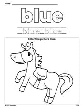 Free horse color blue coloring page and color worksheet, blue worksheet for preschoolers to learn colors, printable PDF