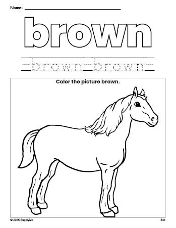Free horse color brown coloring page and color worksheet, brown worksheet for preschoolers to learn colors, printable PDF