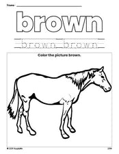 Free horse color brown coloring page and color worksheet, brown worksheet for preschoolers to learn colors, printable PDF