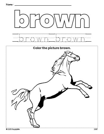 Free horse color brown coloring page and color worksheet, brown worksheet for preschoolers to learn colors, printable PDF
