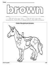 Free horse color brown coloring page and color worksheet, brown worksheet for preschoolers to learn colors, printable PDF
