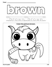 Free horse color brown coloring page and color worksheet, brown worksheet for preschoolers to learn colors, printable PDF