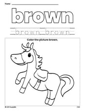 Free horse color brown coloring page and color worksheet, brown worksheet for preschoolers to learn colors, printable PDF