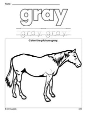Free horse color gray coloring page and color worksheet, gray worksheet for preschoolers to learn colors, printable PDF