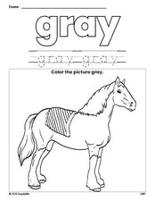 Free horse color gray coloring page and color worksheet, gray worksheet for preschoolers to learn colors, printable PDF