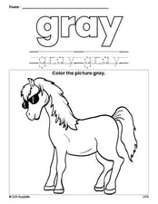 Free horse color gray coloring page and color worksheet, gray worksheet for preschoolers to learn colors, printable PDF