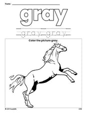 Free horse color gray coloring page and color worksheet, gray worksheet for preschoolers to learn colors, printable PDF