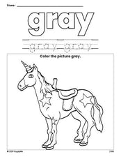 Free horse color gray coloring page and color worksheet, gray worksheet for preschoolers to learn colors, printable PDF