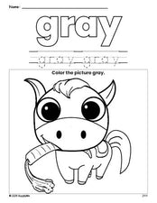 Free horse color gray coloring page and color worksheet, gray worksheet for preschoolers to learn colors, printable PDF