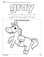 Free horse color gray coloring page and color worksheet, gray worksheet for preschoolers to learn colors, printable PDF