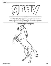 Free horse color gray coloring page and color worksheet, gray worksheet for preschoolers to learn colors, printable PDF