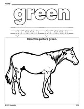 Free horse color green coloring page and color worksheet, green worksheet for preschoolers to learn colors, printable PDF