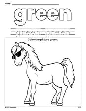 Free horse color green coloring page and color worksheet, green worksheet for preschoolers to learn colors, printable PDF