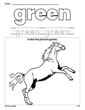 Free horse color green coloring page and color worksheet, green worksheet for preschoolers to learn colors, printable PDF
