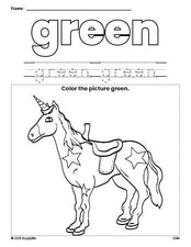 Free horse color green coloring page and color worksheet, green worksheet for preschoolers to learn colors, printable PDF