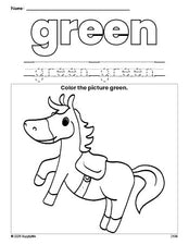Free horse color green coloring page and color worksheet, green worksheet for preschoolers to learn colors, printable PDF