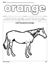 Free horse color orange coloring page and color worksheet, orange worksheet for preschoolers to learn colors, printable PDF