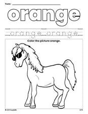 Free horse color orange coloring page and color worksheet, orange worksheet for preschoolers to learn colors, printable PDF