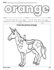 Free horse color orange coloring page and color worksheet, orange worksheet for preschoolers to learn colors, printable PDF
