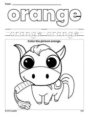 Free horse color orange coloring page and color worksheet, orange worksheet for preschoolers to learn colors, printable PDF
