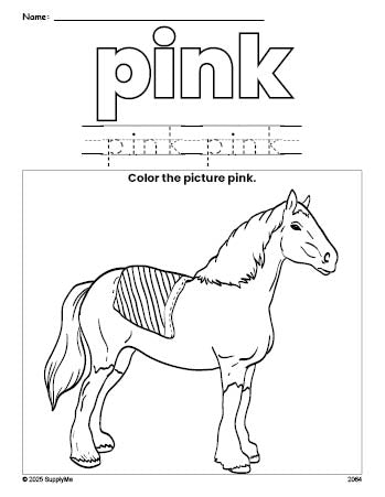 Free horse color pink coloring page and color worksheet, pink worksheet for preschoolers to learn colors, printable PDF
