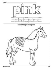 Free horse color pink coloring page and color worksheet, pink worksheet for preschoolers to learn colors, printable PDF
