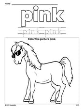Free horse color pink coloring page and color worksheet, pink worksheet for preschoolers to learn colors, printable PDF
