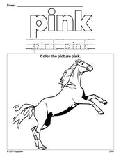Free horse color pink coloring page and color worksheet, pink worksheet for preschoolers to learn colors, printable PDF