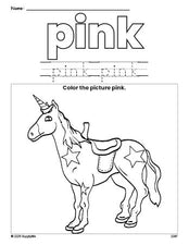 Free horse color pink coloring page and color worksheet, pink worksheet for preschoolers to learn colors, printable PDF