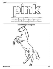 Free horse color pink coloring page and color worksheet, pink worksheet for preschoolers to learn colors, printable PDF