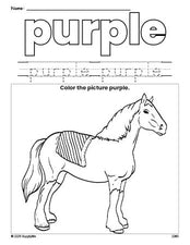 Free horse color purple coloring page and color worksheet, purple worksheet for preschoolers to learn colors, printable PDF