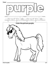 Free horse color purple coloring page and color worksheet, purple worksheet for preschoolers to learn colors, printable PDF