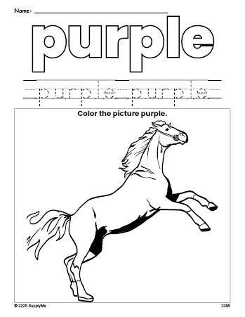 Free horse color purple coloring page and color worksheet, purple worksheet for preschoolers to learn colors, printable PDF