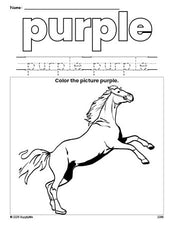 Free horse color purple coloring page and color worksheet, purple worksheet for preschoolers to learn colors, printable PDF